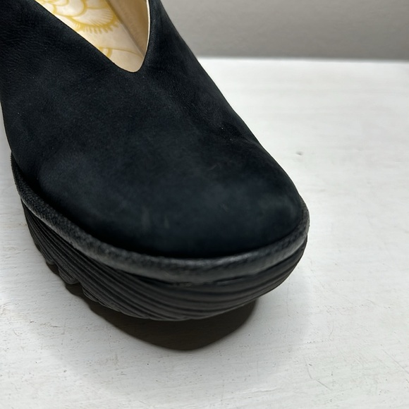 Fly London Yaz Black Leather Suede Chucky Wedge Heels Slip On Shoes EU 38 US 7 - Picture 4 of 12